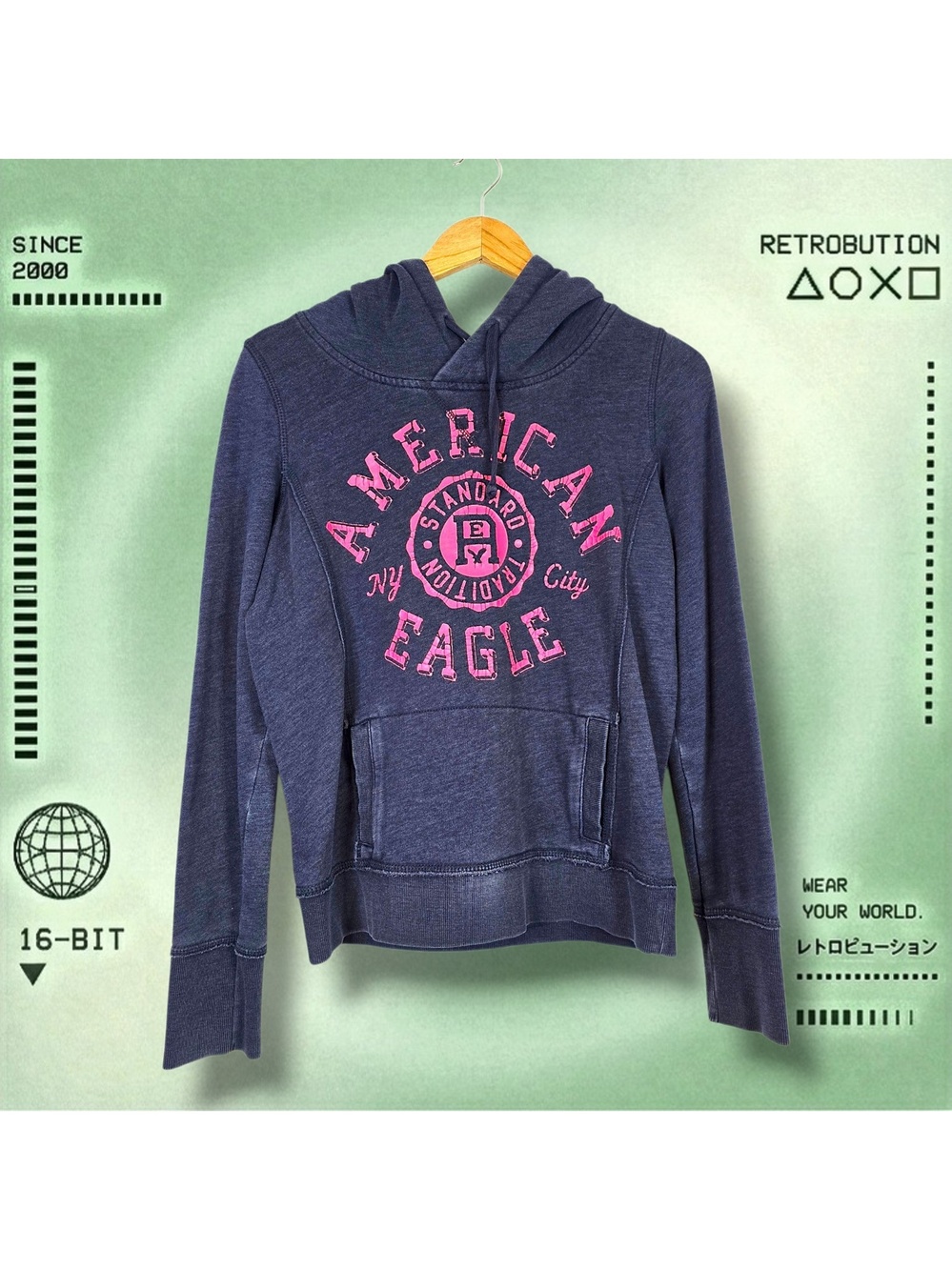 Y2K American Eagle Spell Out Hoodie Sweatshirt Blue Size M